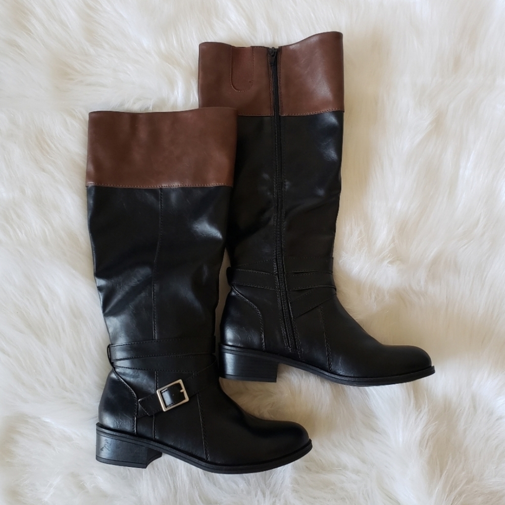 NEW! ARIZONA BLACK & BROWN ZIP UP KNEE HIGH LEATHER BOOTS